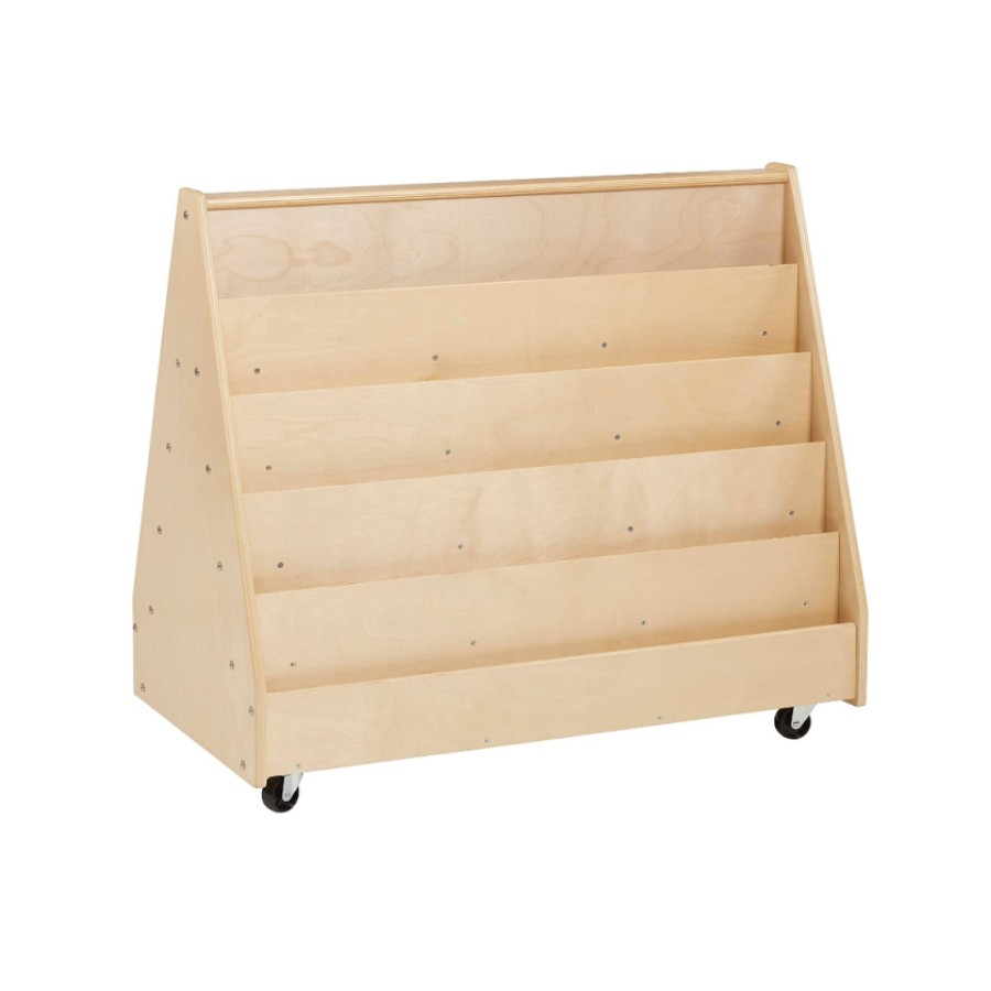Natural Double Sided Mobile Book Display Rack Classroom Bookshelf 